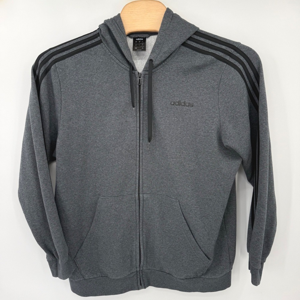 Adidas Full Zip Hoodie Men XL Grey 3-Stripe Heathered Fleece Hooded Sweatshirt
